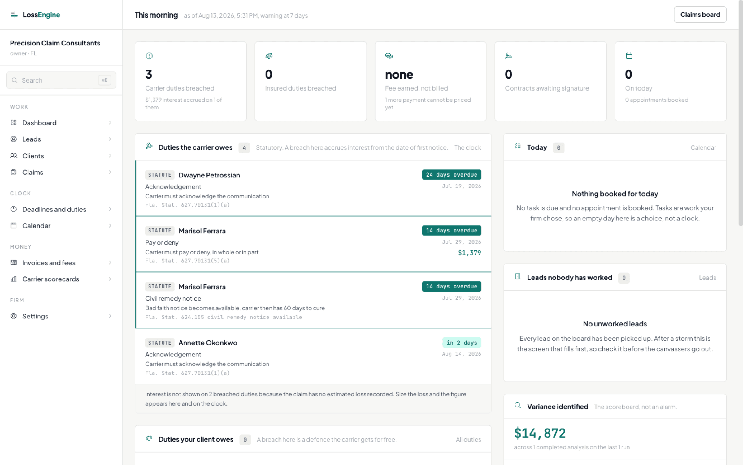 The dashboard showing breached carrier duties, duties on the insured, fee earned but not billed, and contracts awaiting signature.